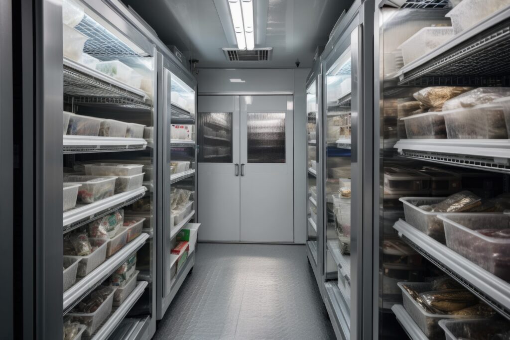 a walk-in freezer, with shelves of frozen goods and a view of the outdoors.