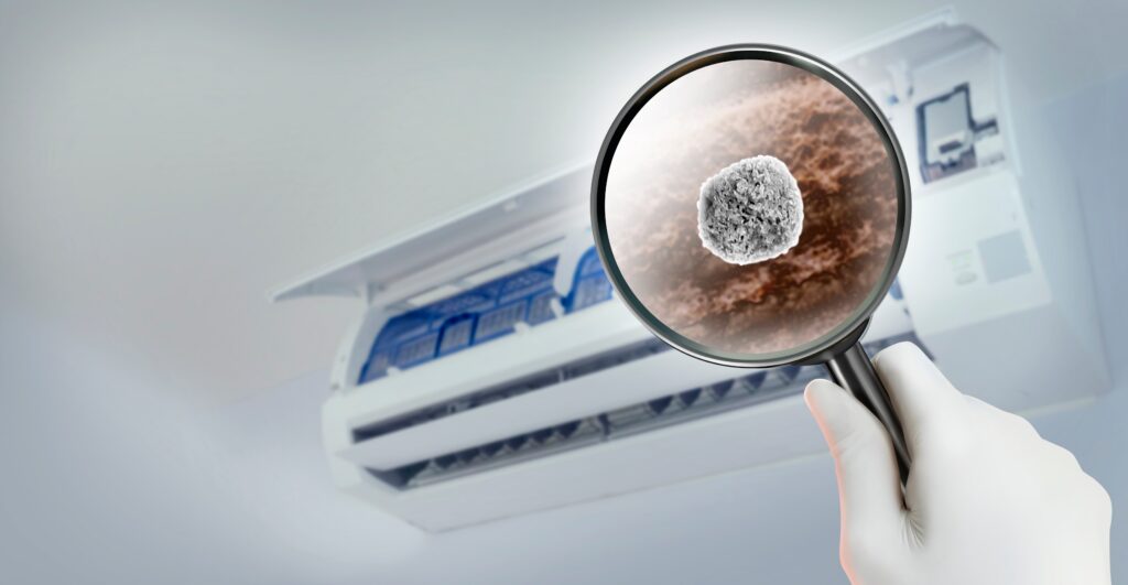 Indoor air quality inspection of a residential HVAC system by Dowd Heating & Air Conditioning showing airborne contaminants and air purification concerns.