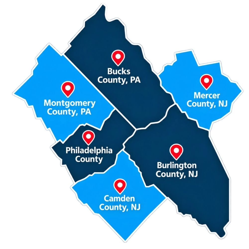 Dowd Heating & Cooling service area map highlighting Montgomery County, PA, and surrounding Pennsylvania and New Jersey counties