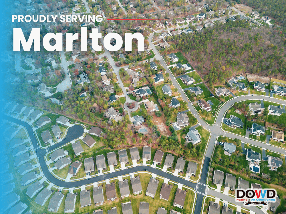 Aerial view of residential neighborhoods in Marlton, NJ with text highlighting Dowd Heating and Air Conditioning's local HVAC service area.