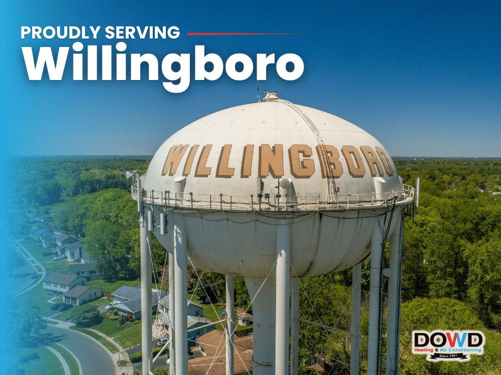 Aerial view of the Willingboro, NJ water tower and surrounding residential neighborhoods highlighting Dowd Heating and Air Conditioning's local service area.